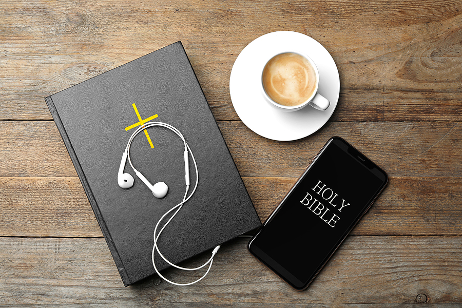 Bible, cup of coffee, phone
